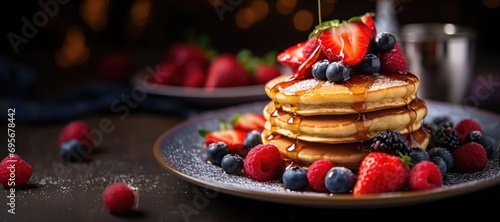 Homemade Plate of Paleo-Friendly Pancakes, Crafted with Almond Flour, Topped with Fresh Berries, and Gently Drizzled with Honey for a Wholesome Morning Delight photo