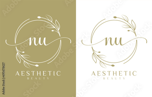 Letter NU Beauty Logo with Flourish Ornament