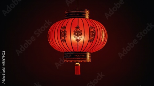 Red Chinese lantern glowing in dark ambiance. Asian culture and decoration.