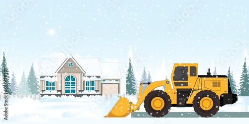Snow plow truck cleaning area streets winter snow.