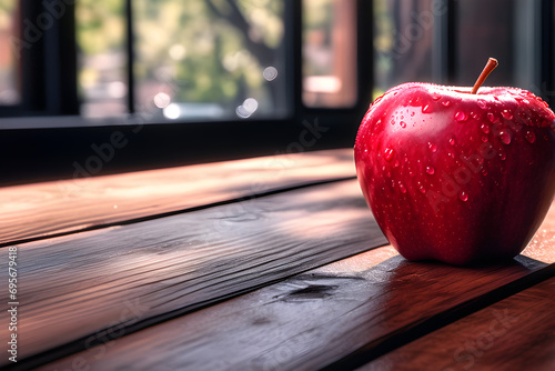 An apple on a wood table. Generative AI