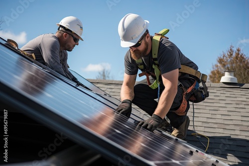 Workers Install solar panels on the roof of the house, renewable energy sources, energy conservation, generative AI