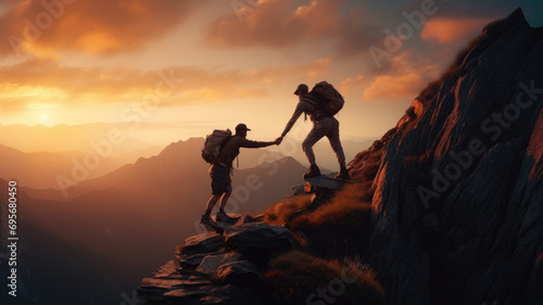 Two men. Travelers lend a helping hand, overcoming obstacles, climbing to the top. Business, the path to success. Silhouette of tourists at sunset in the everest mountains in the sun, winter season, t photo