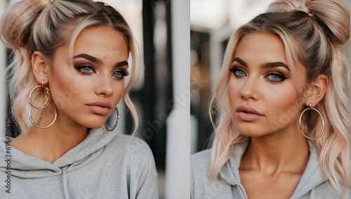 a girl, blonde double buns hair style, light bold eyeshadows, huge silver hoop earrings, outdoor, deeply tanned, pale pink lips, full make up, hoodie ai generated