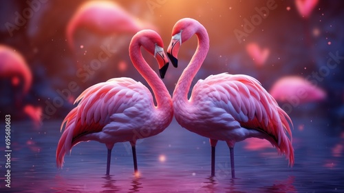 Couple of flamingo on romantic valentines background. Valentine's day greeting card, in love photo