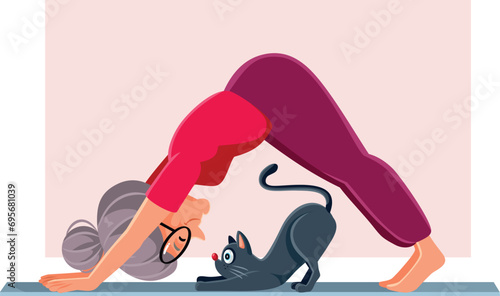 Vector Senior Lady Exercising on a Yoga Mat with her Cat. Elderly woman keeping her flexibility being physically active 
