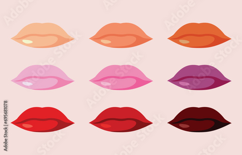 Vector Attractive Mouth with Different Shades of Lipstick. Pretty colorful lips wearing a lip gloss sensual color 
