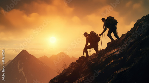Two men. Travelers lend a helping hand  overcoming obstacles  climbing to the top. Business  the path to success. Silhouette of tourists at sunset in the everest mountains in the sun  winter season  t