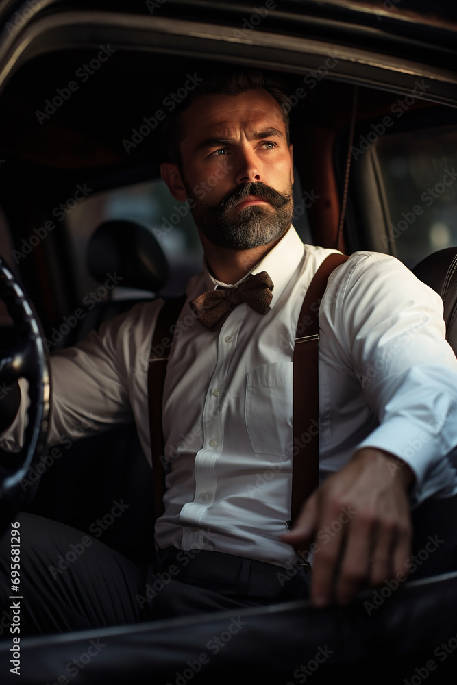 Handsome bearded man in a suit and bow tie driving a car