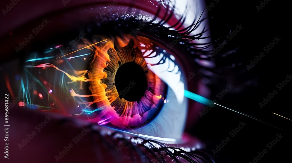 A close-up of a cyber-style, tech-savvy female eye reflecting colorful rays of light. Concepts related to ophthalmic cosmetic procedures and facial recognition - obrazy, fototapety, plakaty 
