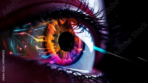 A close-up of a cyber-style, tech-savvy female eye reflecting colorful rays of light. Concepts related to ophthalmic cosmetic procedures and facial recognition photo