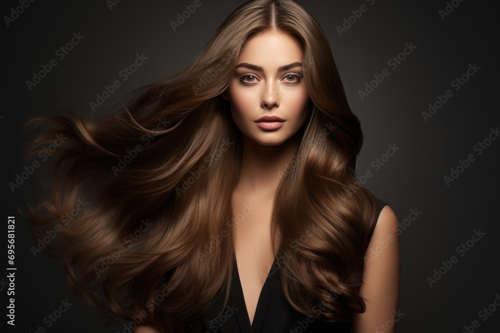 Beautiful girl in move with a perfectly smooth hair. Generative AI.