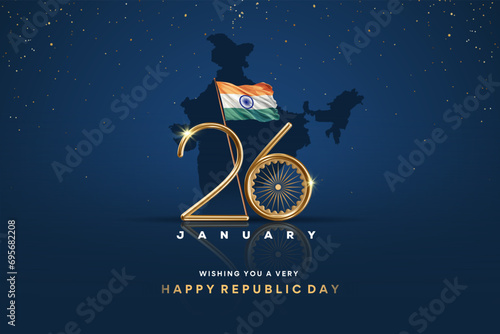 Indian Republic day concept with golden text 26 January and india map.