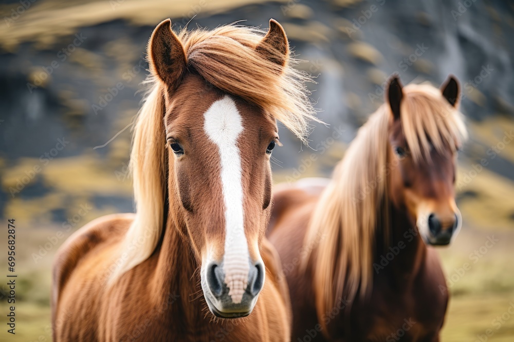 Obraz premium Icelandic Horses Graze Near Iconic landscape and Waterfall in Iceland - A Majestic Fusion of Equine Grace and Nature's Cascading Beauty