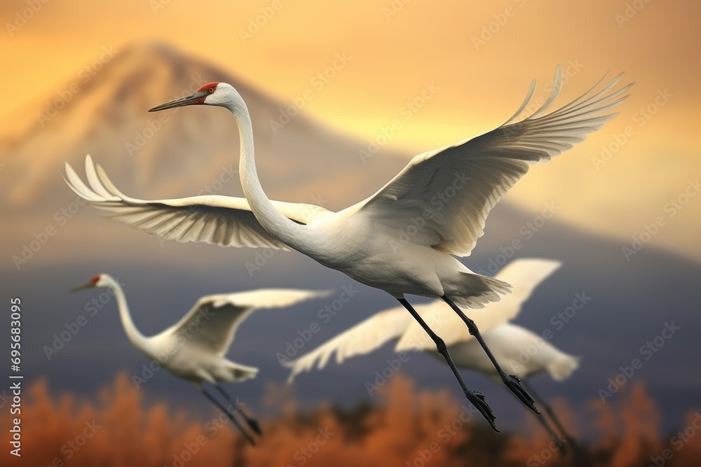 Mount Fuji's Avian Elegance: Graceful Japanese Cranes Soar in the Skies Near the Iconic Mount Fuji, Creating a Majestic Scene Amidst the Tranquil Winter Landscape.
Mount Fuji's Avian Elegance: Graceful Japanese Cranes Soar in the Skies Near the Iconic Mount Fuji, Creating a Majestic Scene Amidst the Tranquil Winter Landscape.
