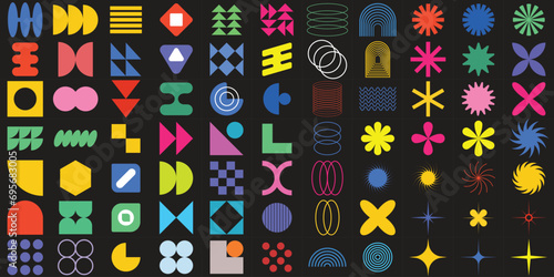 Brutalist abstract geometric shapes and grids.Y2K Geometric brutalism forms stickers.Brutal contemporary figure,stars,flowers and other primitive elements.Swiss design aesthetic.Bauhaus memphis design
