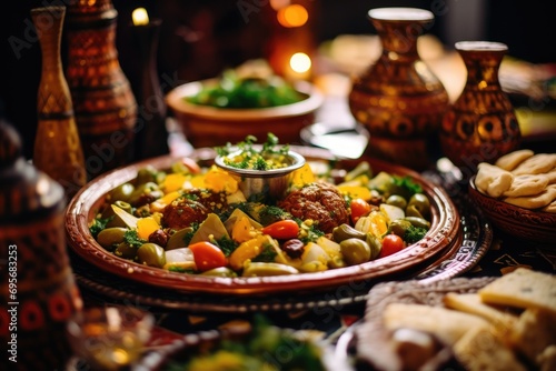 Marrakech Culinary Odyssey: Journey to the Heart of Morocco - An Enchanting Photo Showcasing a Traditional Tagine Feast Amidst Intricate Moroccan Tiles, Creating a Mesmerizing Culinary Adventure.

 photo