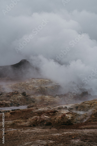 Volcanic, coastal lanscape in southwest Iceland at Gunnuhver Hot Springs photo