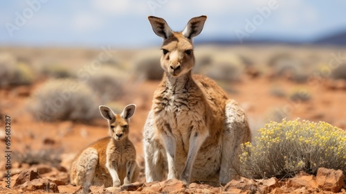 Iconic Wildlife: Kangaroo Mother and Cub Roaming Freely in the Vastness of Australia's Outback. photo