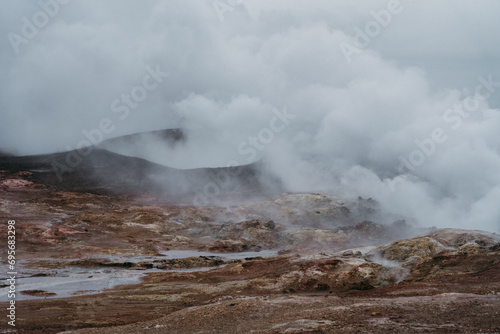 Volcanic, coastal lanscape in southwest Iceland at Gunnuhver Hot Springs