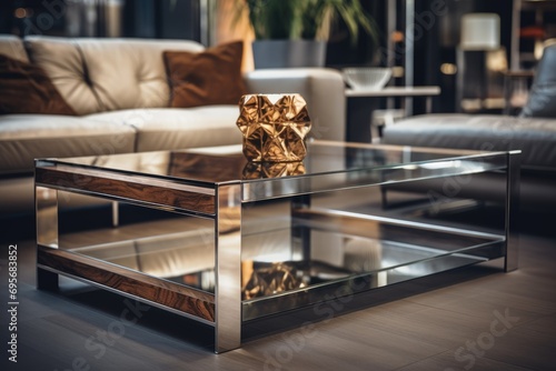 Luxurious Centerpiece: Infuse Luxury into Your Living Room with a Coffee Table Boasting Polished Silver, Marble, and Glass - An Elegant Design That Radiates Sophisticated Aesthetic. photo