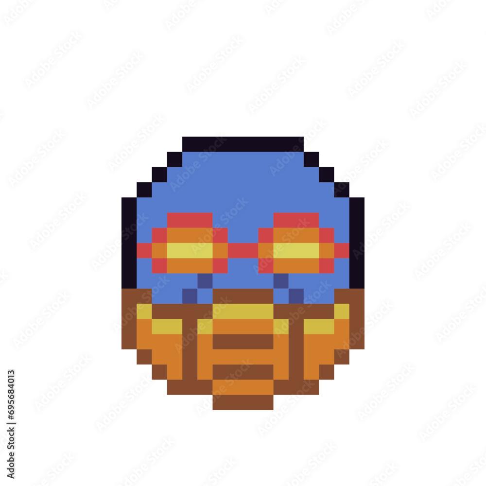 Fototapeta premium Strange face with visor, pixel art icon emoticon cartoon character. 8-bit flat style. Isolated abstract vector illustration.