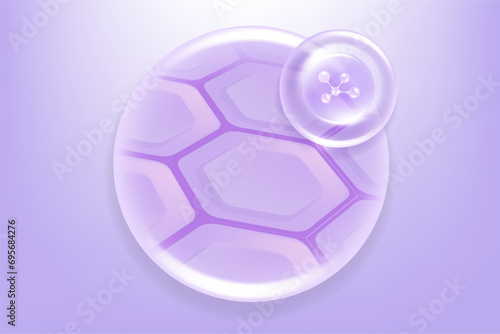 Hyaluronic acid hair and skin solutions ad. purple collagen serum drops into skin cells with cosmetic advertising background ready to use, illustration vector.