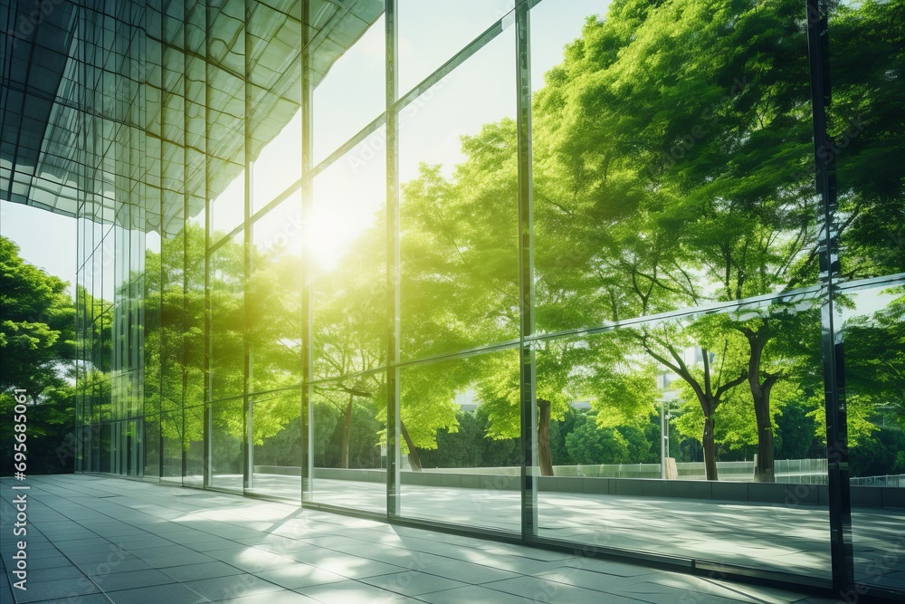 Reflecting greenery, a corporate glass building symbolizes ESG principles, advocating sustainability integration into business practices Reflecting greenery, a corporate glass building symbolizes ESG principles, advocating sustainability integration into business practices