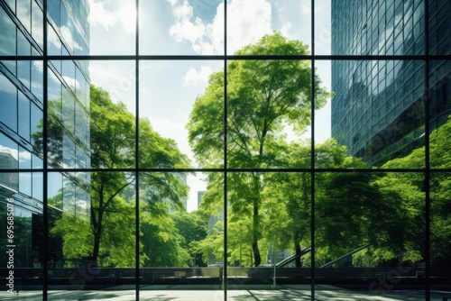 Reflecting greenery, a corporate glass building symbolizes ESG principles, advocating sustainability integration into business practices photo