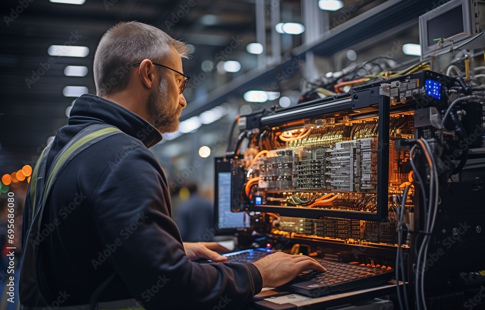 A laptop carrying an engineer A programmable logic controller controls a massive fully automated machine.