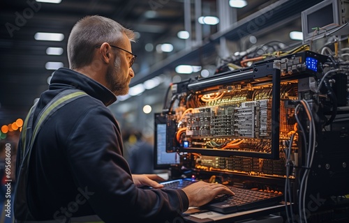 A laptop carrying an engineer A programmable logic controller controls a massive fully automated machine. photo