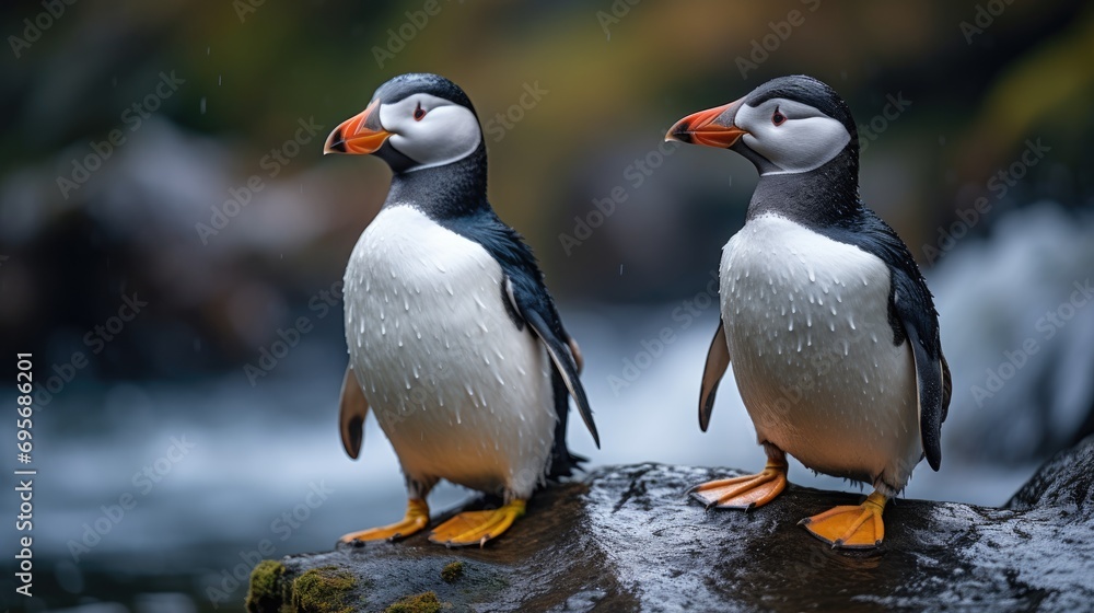 Fototapeta premium Icelandic Puffin Paradise: Seabirds Enjoy Scenic Views of Iceland - Nesting on Coastal Cliffs, Puffins Create a Majestic Summer Scene Amidst the Beautiful Arctic Landscape.