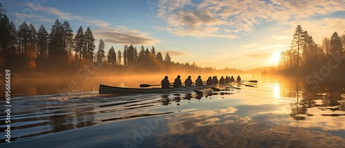 Sculling as a team on a lake. photo