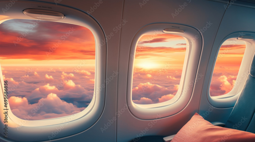 Airplane window view of clouds and blue sky. Travel concept.