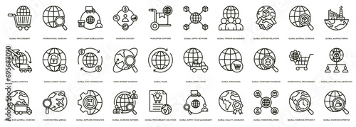 Global Sourcing vectors icon illustration for Global Procurement, International Sourcing, Supply Chain Globalization, Sourcing Strategy, Worldwide Suppliers, Global Supply Network