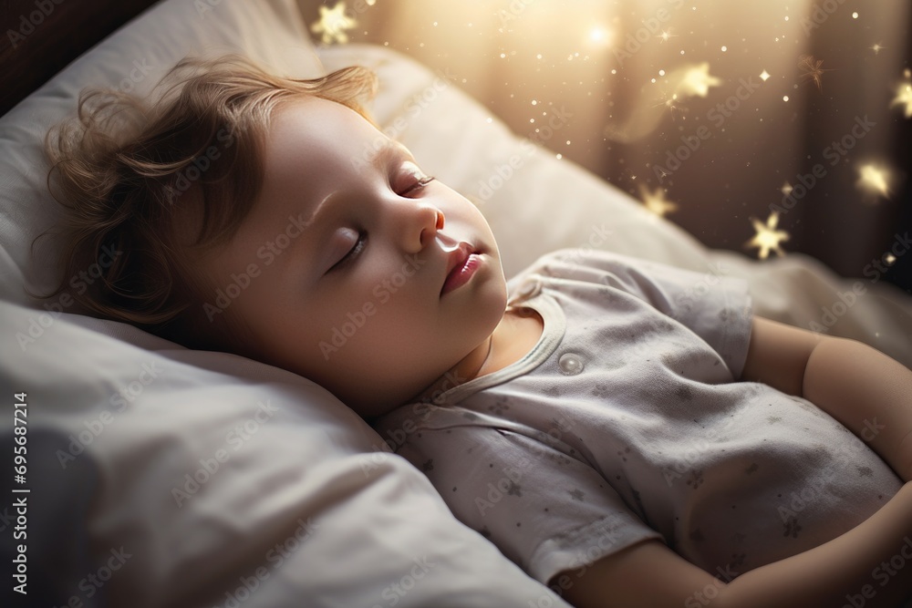 Sleeping toddler surrounded by glowing stars. Peaceful sleep and dreaming. Sleeping toddler surrounded by glowing stars. Peaceful sleep and dreaming.