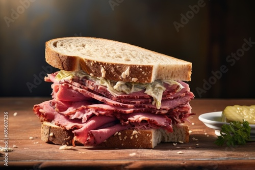 Savor the Flavor: Dive into the Irresistible Combination of Pastrami, Sauerkraut, and Swiss Cheese in a Reuben Sandwich, Perfectly Presented on a Wooden Table.
