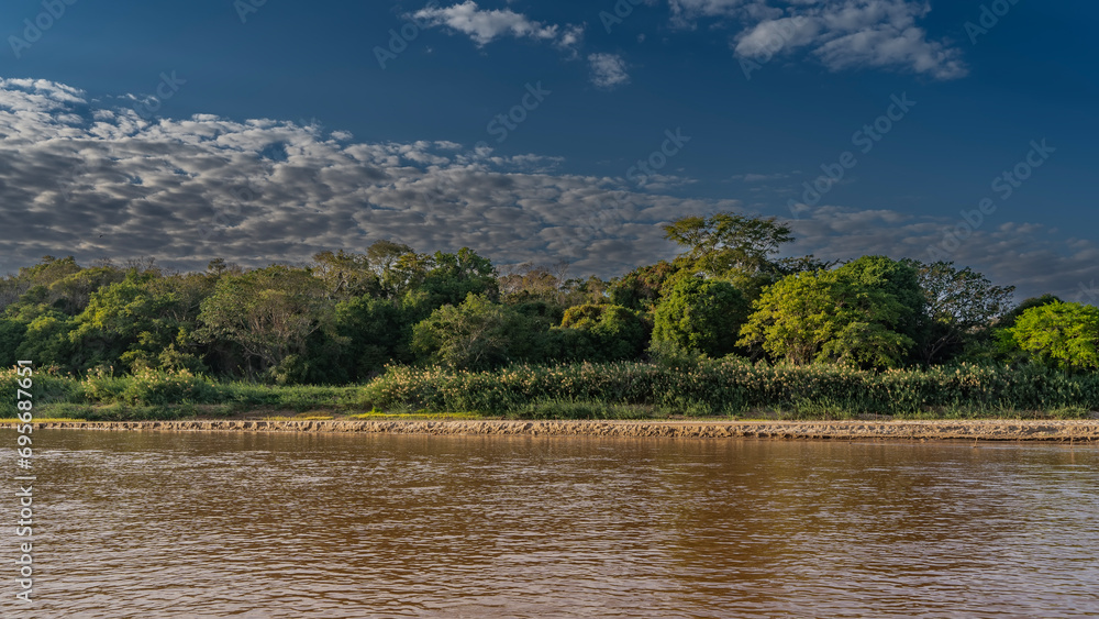 Lush green vegetation grows on the banks of the red-brown river - trees, bushes. Beautiful clouds in the blue sky. Ripples on the shiny water. Madagascar. Manambolo river. Lush green vegetation grows on the banks of the red-brown river - trees, bushes. Beautiful clouds in the blue sky. Ripples on the shiny water. Madagascar. Manambolo river.