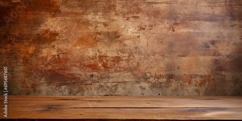 Grungy wood wall and table with copy space for product display or mock up. Wooden brown texture of old wood, woodworking background. 