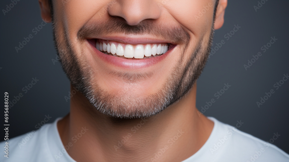 Fototapeta premium middle aged man with beautiful smile on grey background. - Teeth whitening.