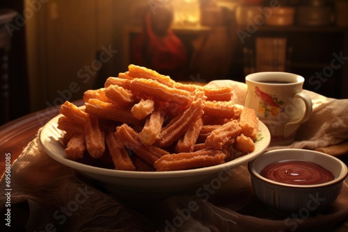 Churro Heaven: Golden and Crispy Churros, Served Hot with Rich Chocolate - A Spanish Delight That Transforms the Tastebuds with Irresistible Sweetness and Traditional Flavors.