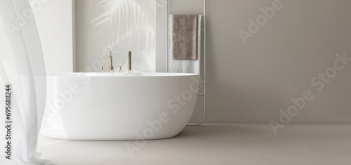 White freestanding ceramic bathtub  towel rack ladder  blowing cheer curtain in sunlight  shadow on beige wall  marble floor. Luxury  modern lifestyle interior  toiletries background 3D