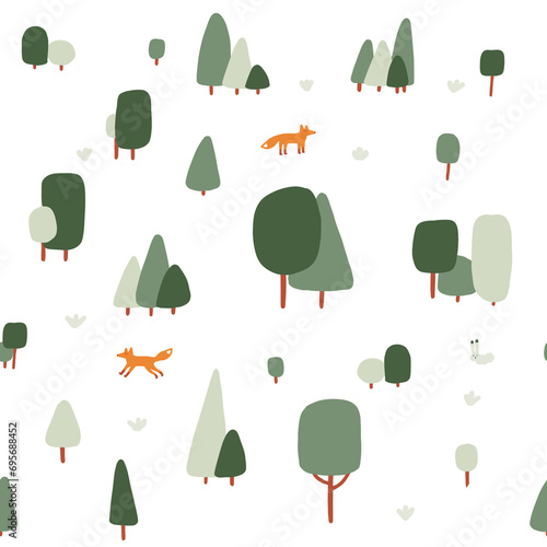 Forest seamless pattern with foxes and rabbits