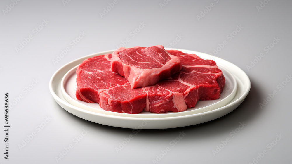 Raw red beef meat on a flat ceramic plate. Raw red beef meat on a flat ceramic plate.