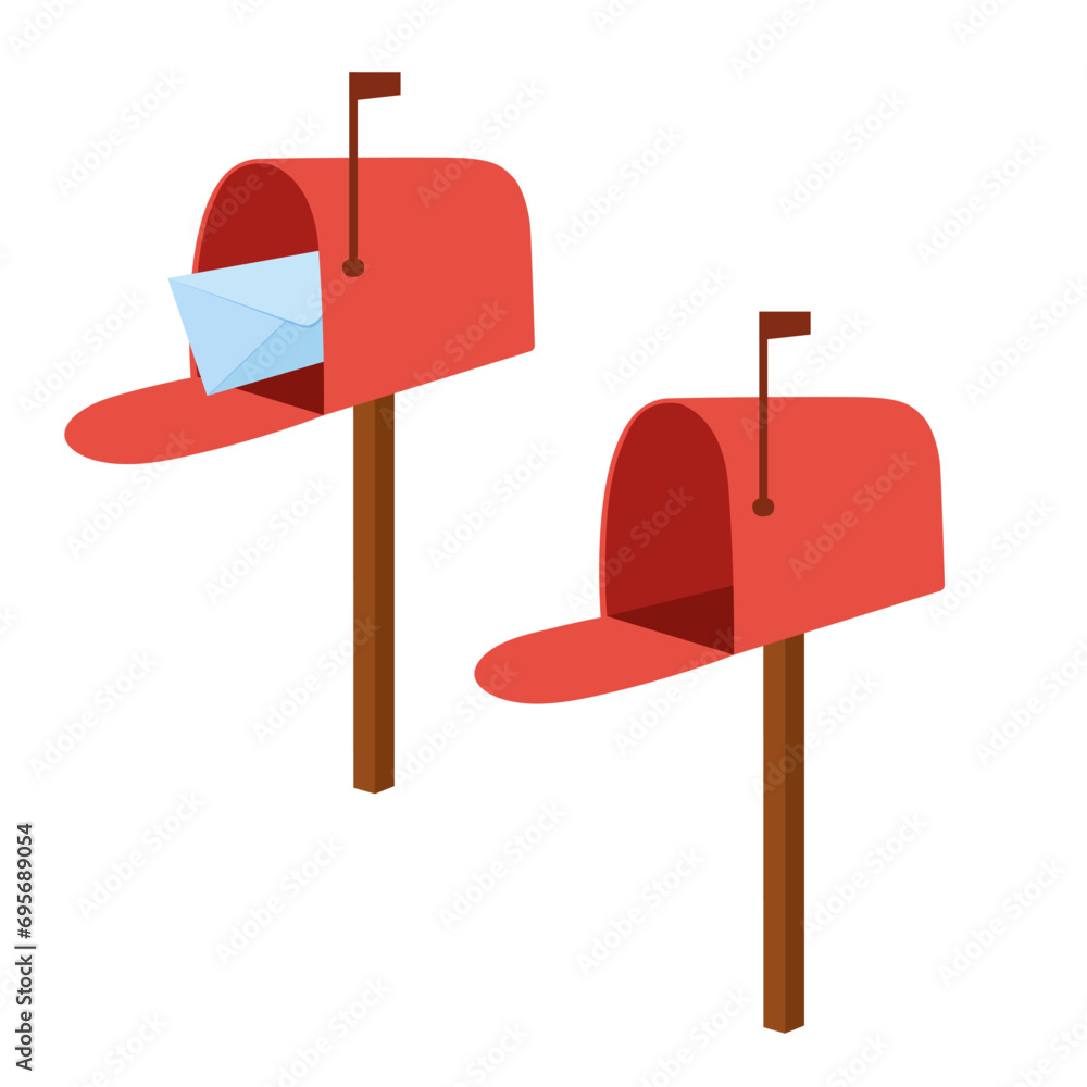 Red english, american or european mailbox for delivering letters. Post office, post box. Flat hand drawn vector illustration isolated on white background. Red english, american or european mailbox for delivering letters. Post office, post box. Flat hand drawn vector illustration isolated on white background.