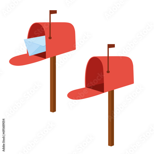 Red english, american or european mailbox for delivering letters. Post office, post box. Flat hand drawn vector illustration isolated on white background.