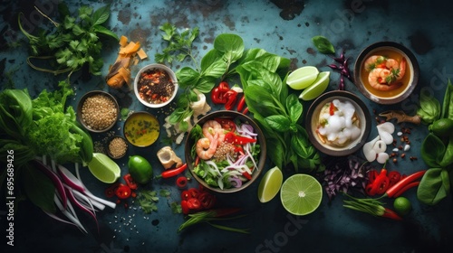 Asian food background with various ingredients on rustic stone background 