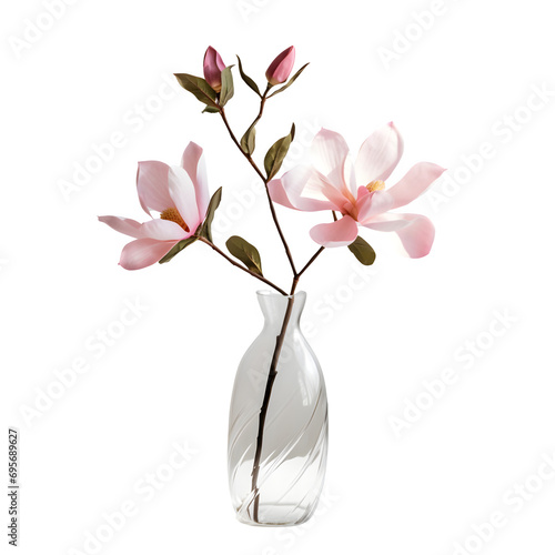 Beautiful pink magnolia flower in transparent glass vase standing isolated on transparent background Generative AI	
