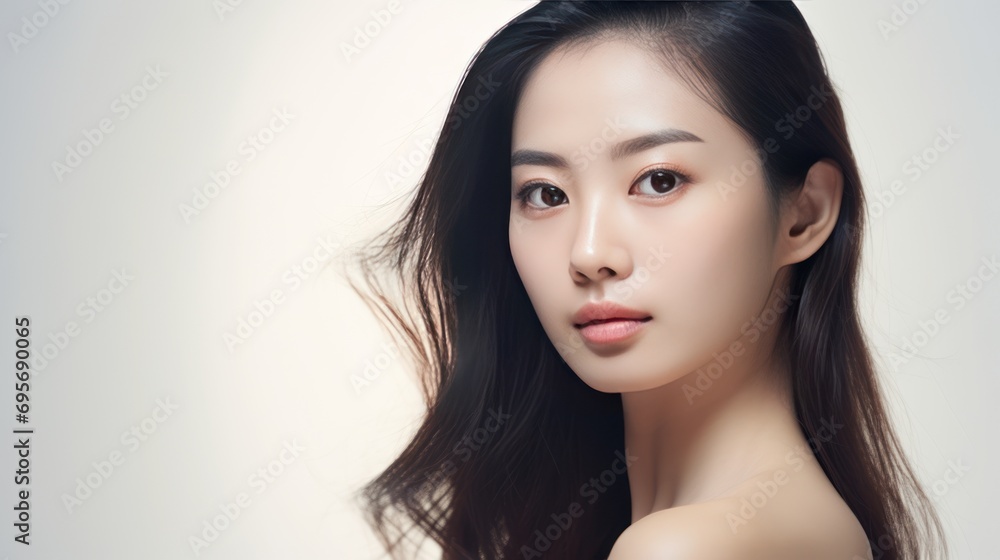 Fototapeta premium Beautiful young asian woman with clean fresh skin on white background, 