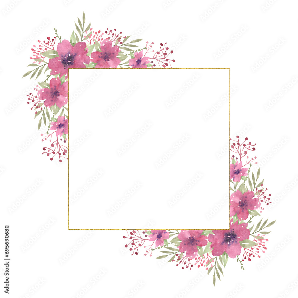 Watercolor floral square frame with compositions of pink flowers and greenery, frame with golden texture. Hand drawn illustration of botanical template for greeting cards or wedding invitations